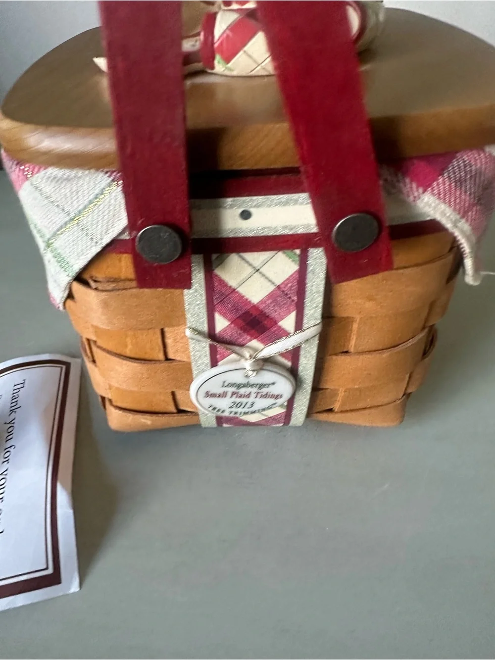 Longaberger my small plaid tidings tree trimming basket bow lid